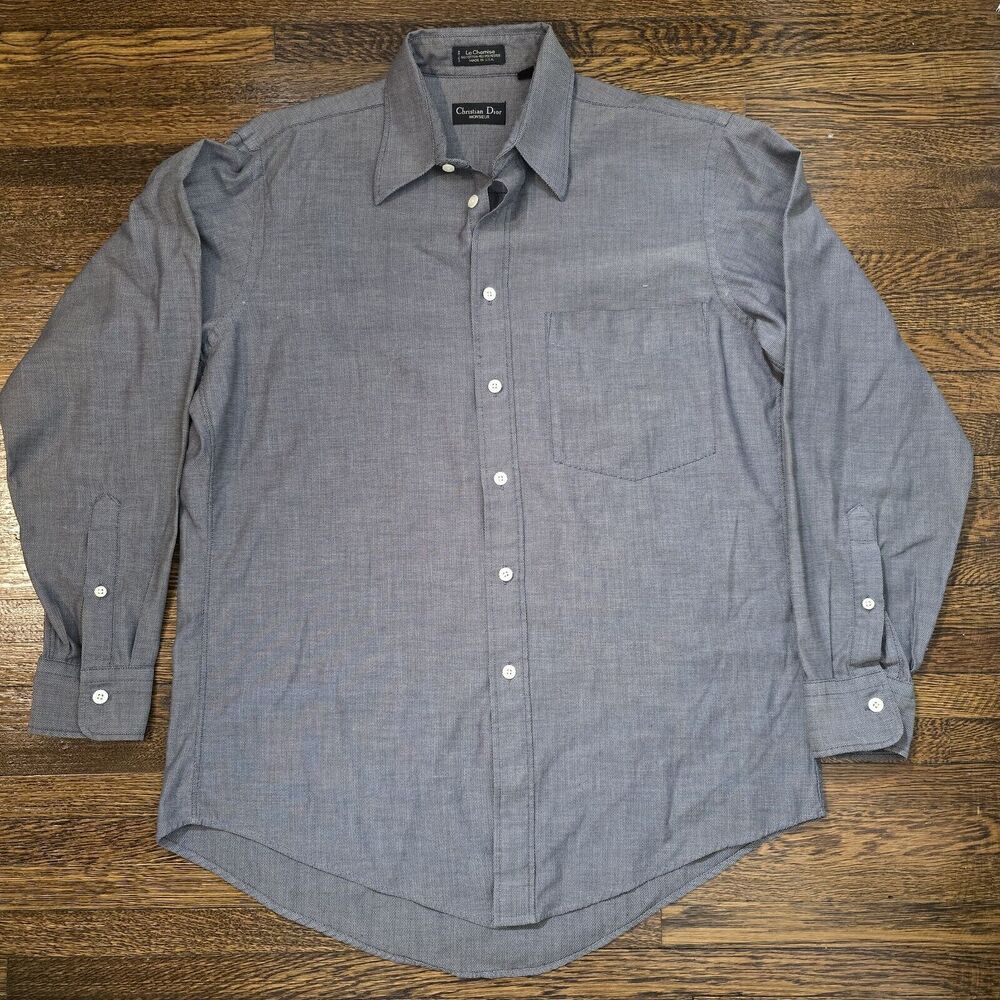Vintage Christian Dior Monsieur Le Chemise Button Up 15 1/2 - 34 Mens Gray Shirt